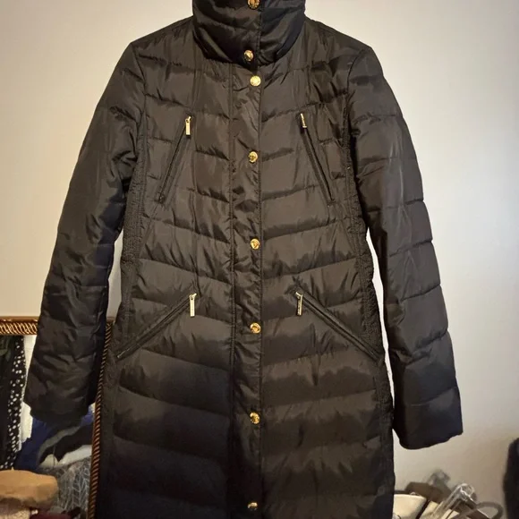 Michael Kors Women's Long Puffer Coat Size small black with gold see pics* - Picture 4 of 16